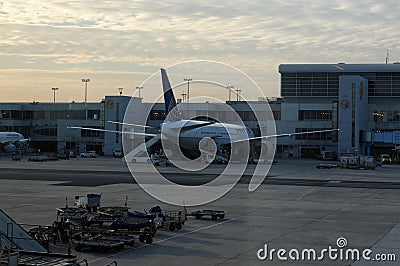 Frankfurt airport, lufthansa first class lounge view September 23 2016 â€“ Airport tower on the sunset Editorial Stock Photo