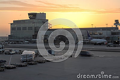 Frankfurt airport, lufthansa first class lounge view September 23 2016 â€“ Airport tower on the sunset Editorial Stock Photo