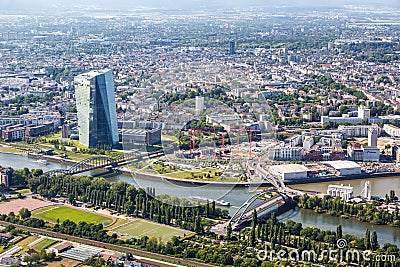 Frankfurt ECB European Central Bank skyscraper skyline aerial photo Main river city Editorial Stock Photo