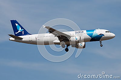 SATA Azores Airlines Airbus A320 CS-TKJ passenger plane landing at Frankfurt Airport Editorial Stock Photo