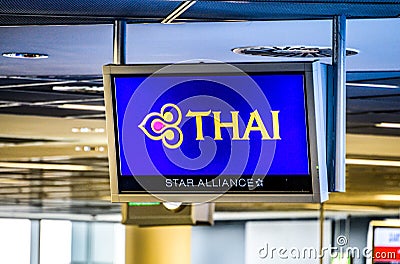 Frankfurt Germany, 23.02.2019 Close up of a Thai Airways logo on a airport display Editorial Stock Photo