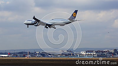 FRANKFURT, GERMANY - FEB 28th, 2015: Lufthansa Airbus A340-600 of Lufthansa airline landing at Frankfurt International Editorial Stock Photo