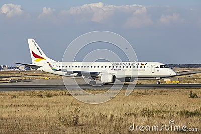 Frankfurt Airport Fraport - Embraer E190LR of German Airways Frankfurt Galaxy Livery takes off Editorial Stock Photo