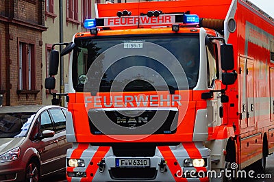 A fire engine on an alarm in Frankfurt, Germany Editorial Stock Photo