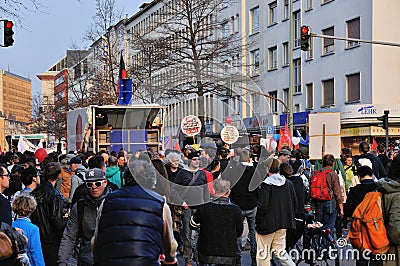 FRANKFURT, GERMANY - MARCH 18, 2015: Crowds of protesters, Demon Editorial Stock Photo