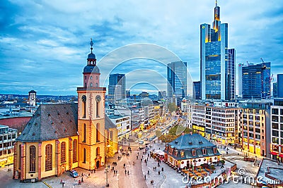 FRANKFURT, GERMANY - NOVEMBER, 2017: View to skyline of Frankfurt in sunset blue hour. St Paul`s Church and the Hauptwache Main G Editorial Stock Photo