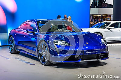 FRANKFURT, GERMANY - SEPT 2019: blue PORSCHE TAYCAN TURBO S is an all-electric 4-door coupe was first unveiled as a concept car Editorial Stock Photo