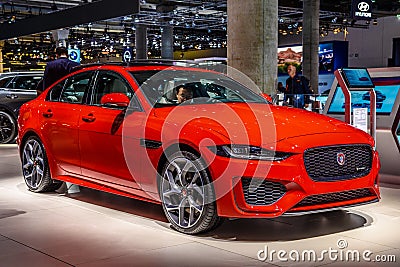 FRANKFURT, GERMANY - SEPT 2019: red JAGUAR XE R Dynamics sedan, IAA International Motor Show Auto Exhibtion Editorial Stock Photo