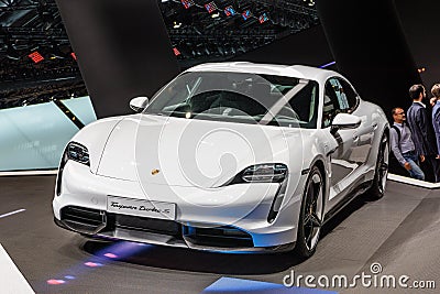 FRANKFURT, GERMANY - SEPT 2019: white PORSCHE TAYCAN TURBO S is an all-electric 4-door coupe was first unveiled as a concept car Editorial Stock Photo