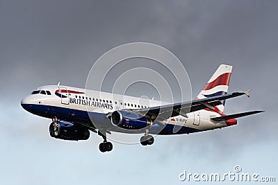 FRANKFURT, HESSEN - GERMANY - December 23 2019 - Airplane British Airways Airbus A319-100 G-EUPZ is flying to the runway. The Editorial Stock Photo