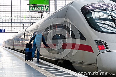 Frankfurt am Main - February 8: Intercity Express, ICE train of Deutsche Bahn in Frankfurt Hbf, Germany. With Fast ICE train you Editorial Stock Photo