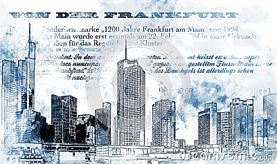 Frankfurt Main Skyscraper Silhouette City - Banking District Bankenviertel Architecture Artsy Illustration - Blue Grey Colors Stock Photo