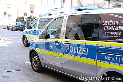 Frankfurt - March 2022: typical german police cars on streets of germany, frankfurt am main law enforcement officers guarding Editorial Stock Photo