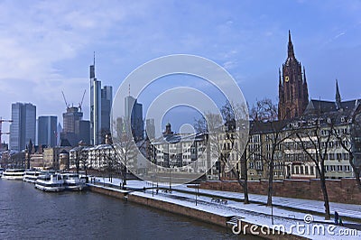 Frankfurt, Snowy day city view by the river Rhein, Germany, Europe Editorial Stock Photo