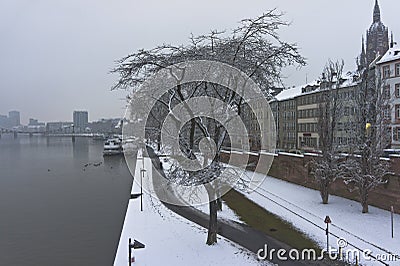 Frankfurt, Snowy day city view by the river Rhein, Germany, Europe Editorial Stock Photo