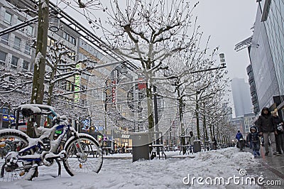 Frankfurt, Snowy day old city view, Snowy Bicycle, Germany, Europe Editorial Stock Photo
