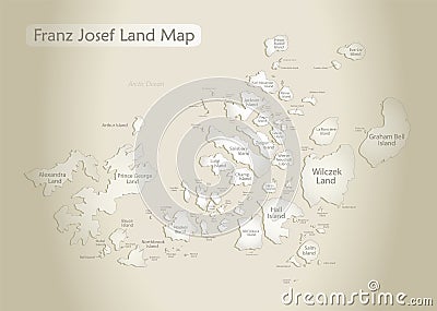 Franz Josef Land map, administrative division with names, old paper background Vector Illustration