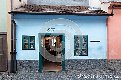 Franz Kafka`s tiny house on Golden Lane of the Prague Castle. Editorial Stock Photo