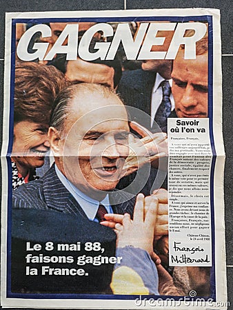 FranÃ§ois Mitterrand 1988 political leaflet and flier, 1988 French presidential election vintage poster Editorial Stock Photo
