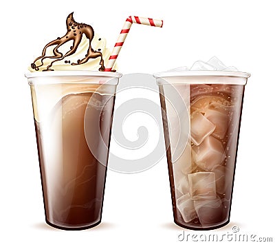 Frappe coffee, cola with ice cubes in plastic cups Vector Illustration