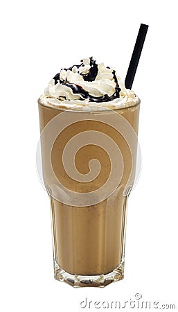 Frappuccino with cream and sauce on white background Stock Photo