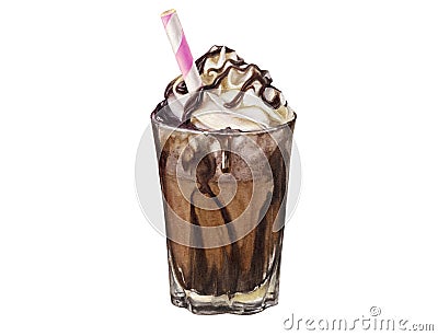Frappuccino with straw watercolor illustration isolated on white background Cartoon Illustration
