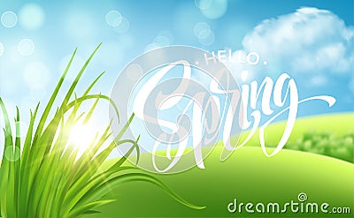 Frash Spring green grass landscape background with handwriting lettering. Vector illustration Vector Illustration