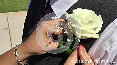 Frau, die Corsage auf Weste feststeckt stock video Frau, die Corsage auf Weste feststeckt stock video
