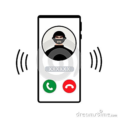 Fraud phone call. A telephone fraudster deceives and steals money and cards through smartphone calls. Thief, hacker and Vector Illustration