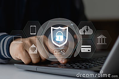 Fraud prevention button, concept about cybersecurity, credit card and identity protection against cyberattack Stock Photo