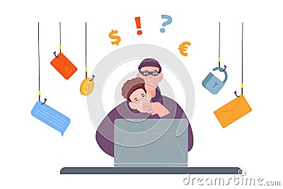 Fraud work. Dangerous hacker working in internet, cyber crime phone scam fake bank worker thief money online hacking Vector Illustration