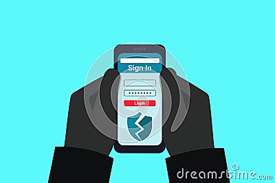 The fraudster is holding a hacked mobile phone in his hands. A hacker breaks into a users account. Online fraud. Log in Vector Illustration