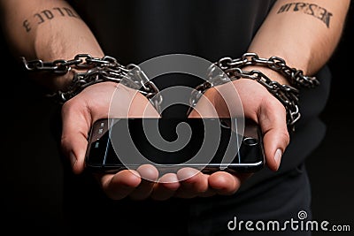 Fraudsters cuffed hands clutch phone, symbolizing addiction and illicit communications consequences Stock Photo