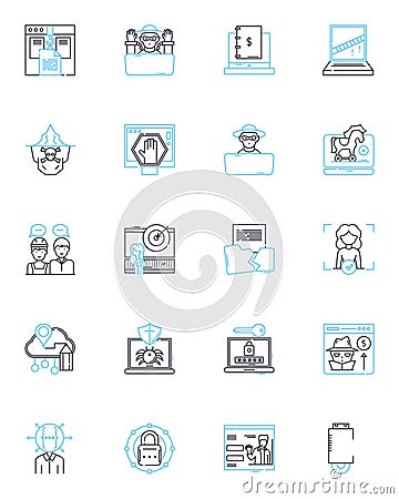 Fraudsters linear icons set. Deceit, Scam, Swindle, Sham, Trickster, Con-artist, Imposter line vector and concept signs Vector Illustration