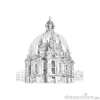 Frauenkirche, Church of our Lady in Dresden, Germany. Black and white drawing sketch. Vector illustration Vector Illustration