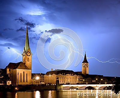 Fraumunster - Zurich with lightning Stock Photo