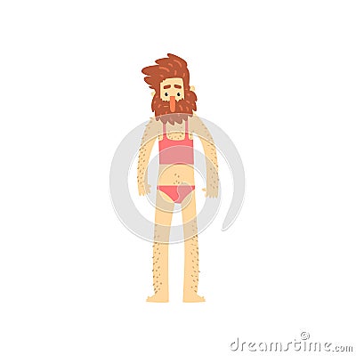 Freak bearded man character in womans bathing suit, creative party in crazy style, freaky masquerade or carnival costume Vector Illustration