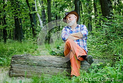 Freak healer. Folk magic. Person purported magical abilities. Magician in forest. Woodman magician concept. Mature man Stock Photo