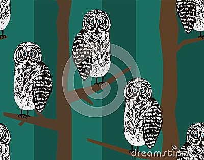 Freak hipster seamless pattern with tawny owls in night forest Stock Photo