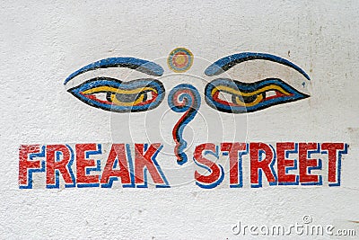 Freak Street sign in Kathmandu on a wall Editorial Stock Photo