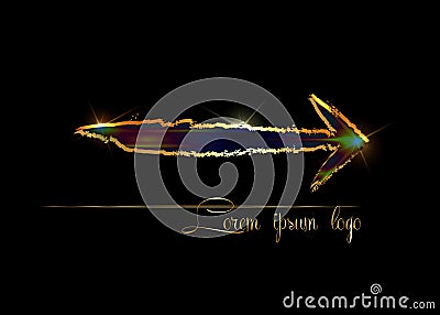 Gold arrow isolated on black background. Golden Grunge brush Stroke style with colorful fire and flame , vector luxury lorem ipsum Vector Illustration