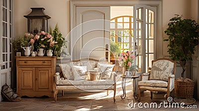 Frechn Country home interior vestibule, rural regions of France,light colors, rustic furniture, Toile-de-Jouy items Stock Photo