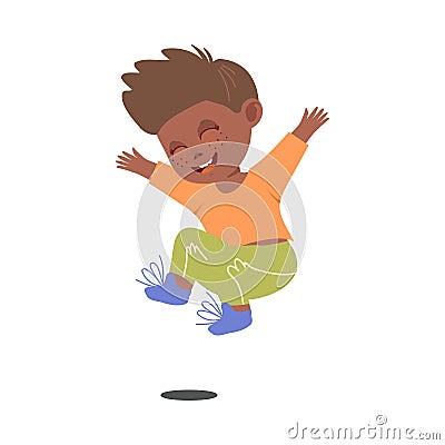 Freckled Dark Haired Boy Jumping with Joy and Excitement Vector Illustration Vector Illustration