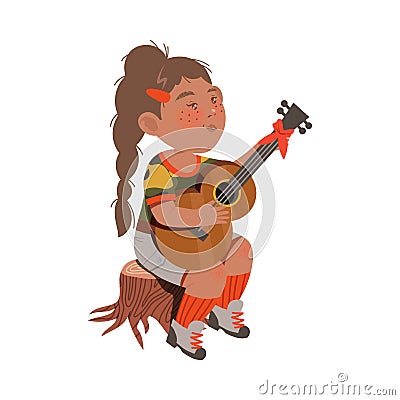 Freckled Girl Junior Scout Sitting on Stub and Playing Guitar Vector Illustration Vector Illustration