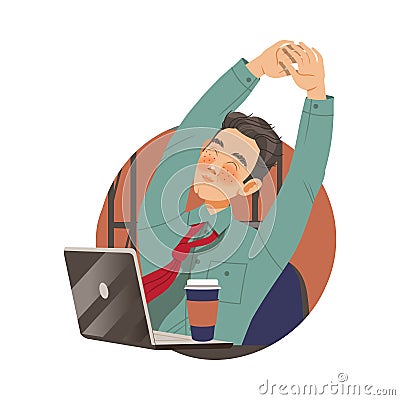 Freckled Man Office Worker with Laptop and Coffee at Workspace Stretching Circle Vector Composition Vector Illustration