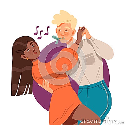 Freckled Man and Woman Couple Listening to Music and Waltzing or Moving with Dancing Motion Vector Illustration Vector Illustration