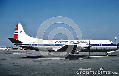Fred Olsen Air Transport Lockheed Electra L-188F at Hamburg , Germany in 1978 Editorial Stock Photo
