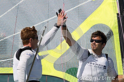 Fred Strammer & Zach Brown after winning first place in the 49er class at the 2013 ISAF World Sailing Cup in Miami Editorial Stock Photo
