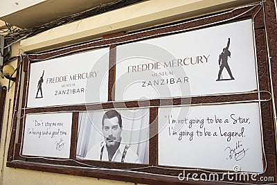 Freddie Mercury museum in Stone Town. Signboard of museum of famous rock legend. Tourism in Zanzibar. Editorial Stock Photo