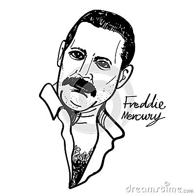 Freddie mercury vector cartoon illustration black and white Vector Illustration